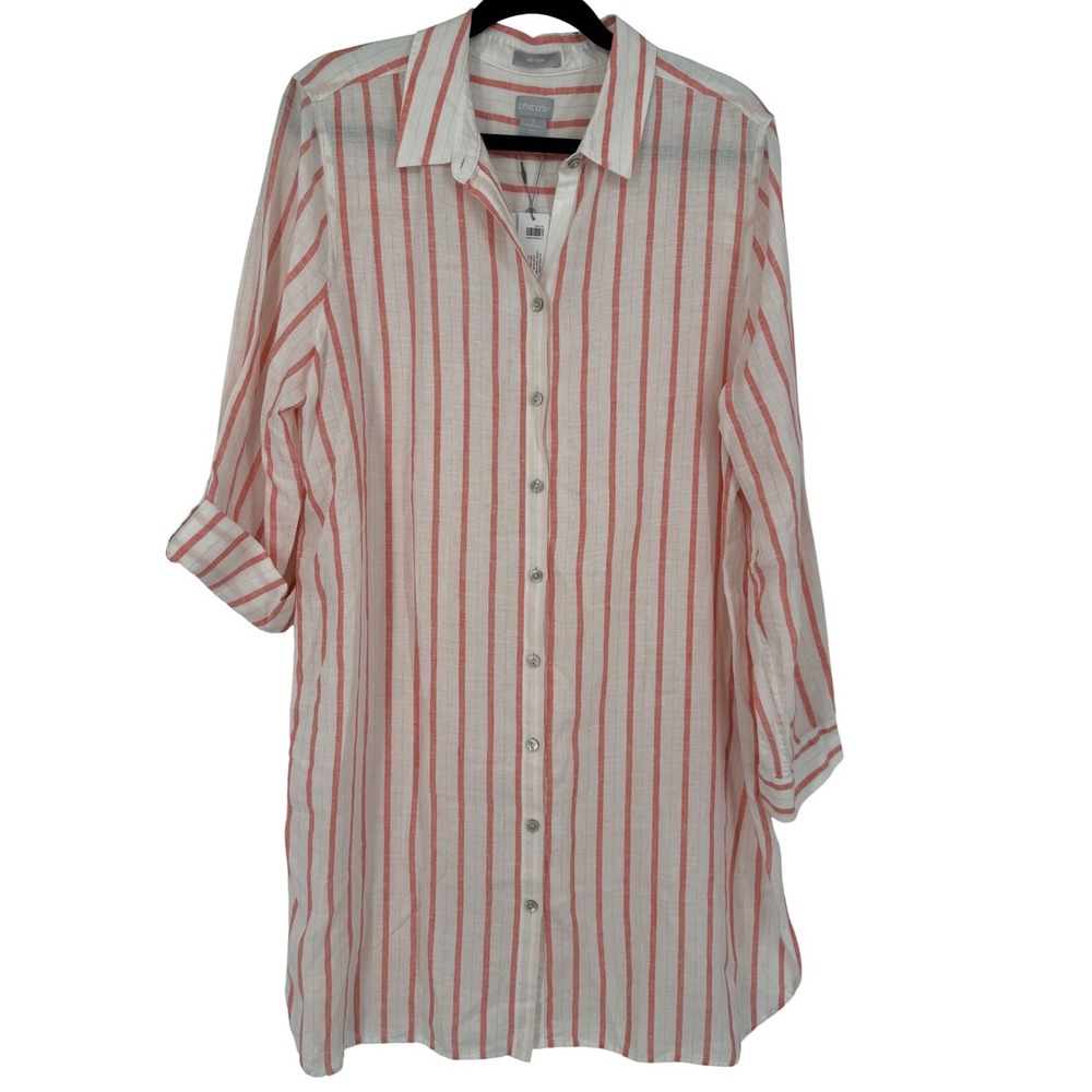 NWT Chicos Womens No Iron Linen Stripe Maxi Shirt Dress Tunic Nectarine‎ Sz 16
